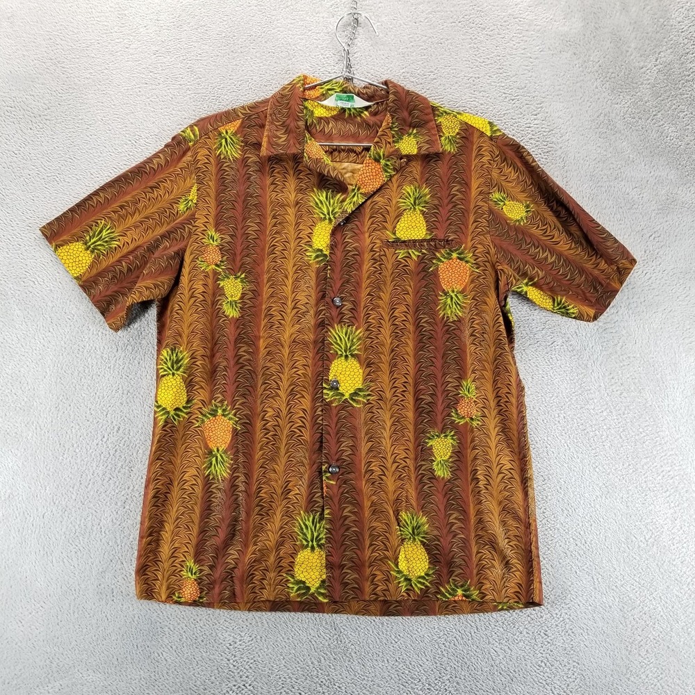 VTG Malihini Shirt Mens M Brown Hawaiian Pineapple Print Aloha Short Sleeve